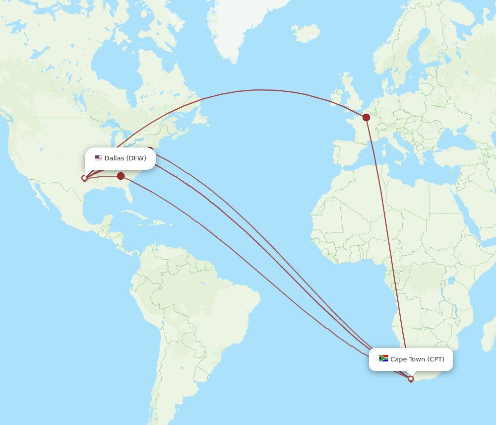 All flight routes from Dallas to Cape Town, DFW to CPT - Flight Routes