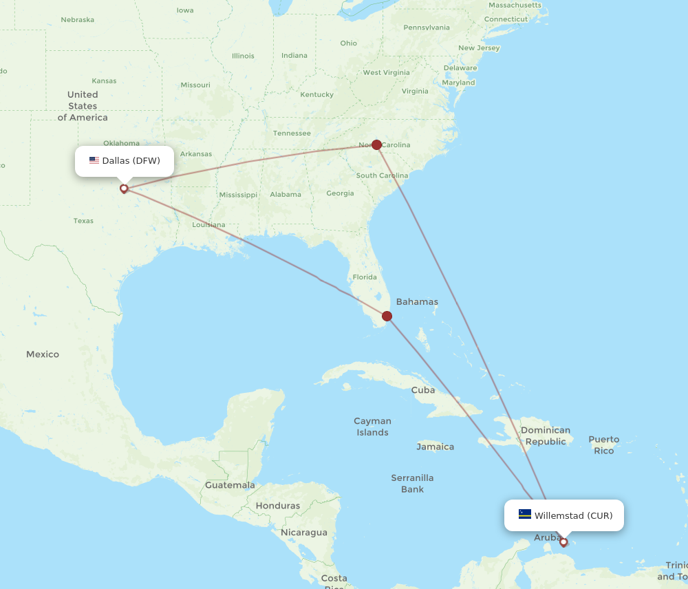 All flight routes from Dallas to Curacao, DFW to CUR - Flight Routes