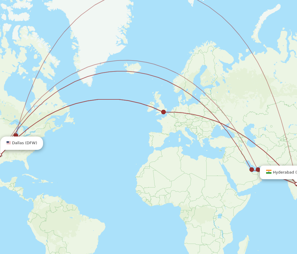 All flight routes from Dallas to Hyderabad, DFW to HYD - Flight Routes