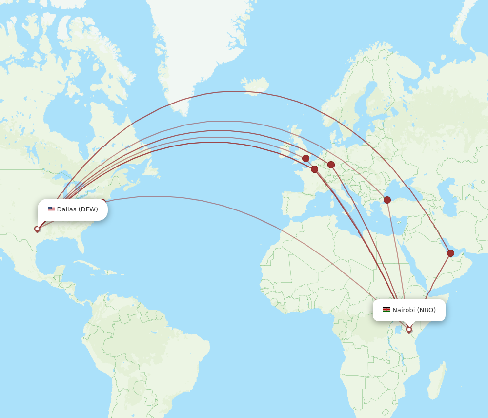 All flight routes from Dallas to Nairobi, DFW to NBO - Flight Routes