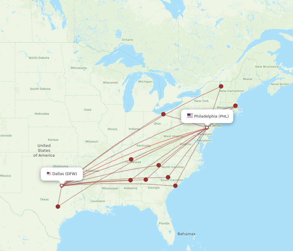 Flights from Dallas to Philadelphia DFW to PHL Flight Routes