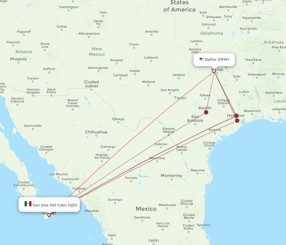 DFW to SJD flights and routes map