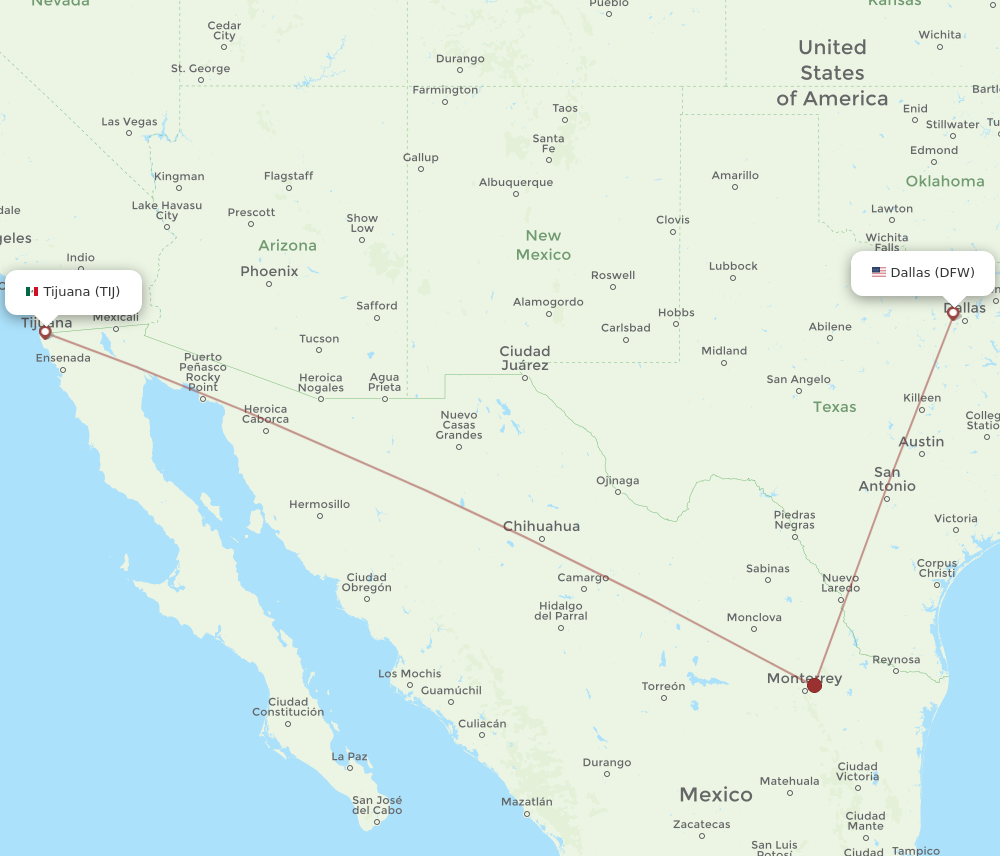 All flight routes from Dallas to Tijuana, DFW to TIJ - Flight Routes