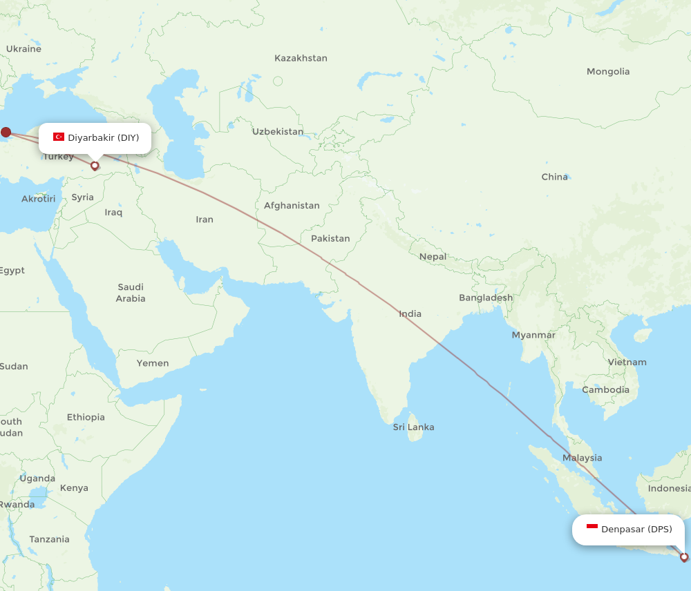 All Flight Routes From Diyarbakir To Denpasar, DIY To DPS - Flight Routes