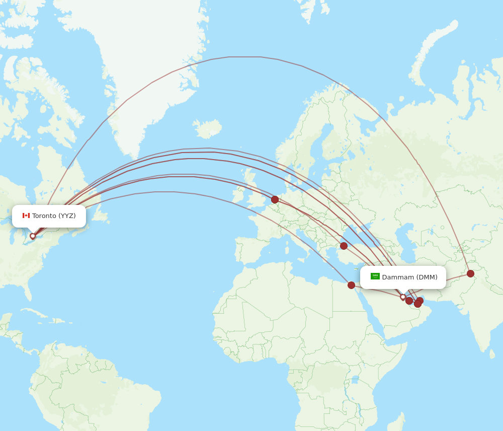 All flight routes from Dammam to Toronto, DMM to YYZ - Flight Routes