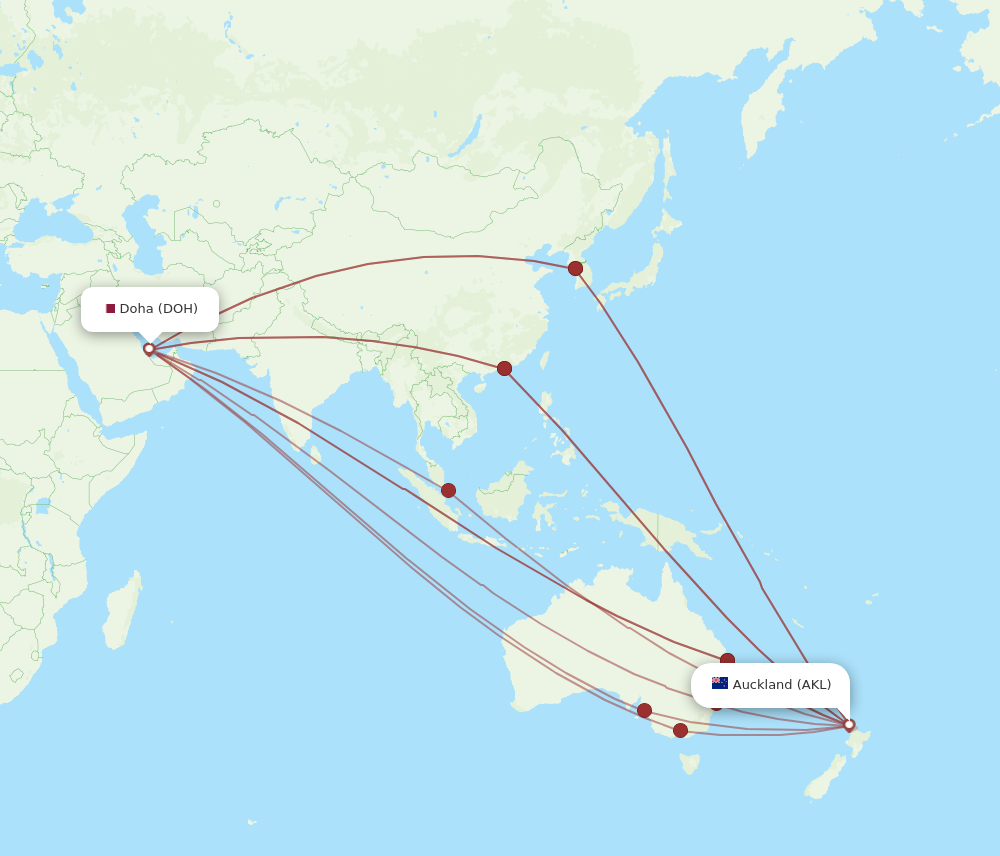 All flight routes from Doha to Auckland, DOH to AKL - Flight Routes