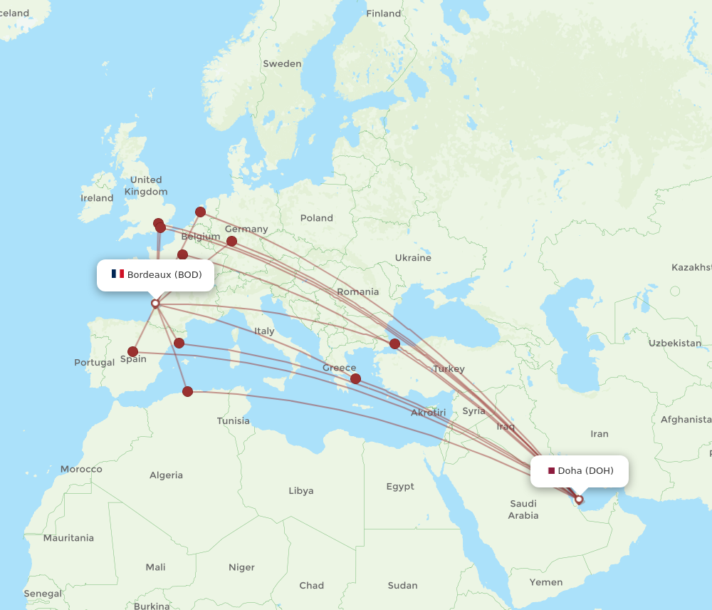 All flight routes from Doha to Bordeaux, DOH to BOD - Flight Routes