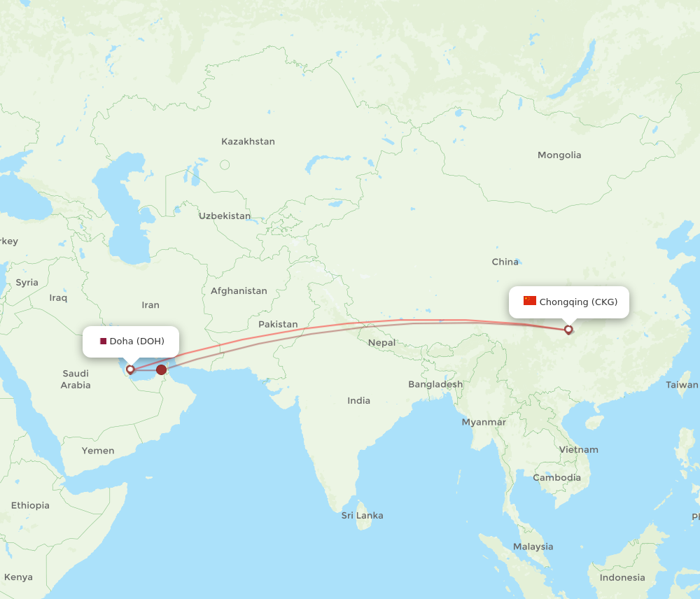 Flights from Doha to Chongqing DOH to CKG Flight Routes