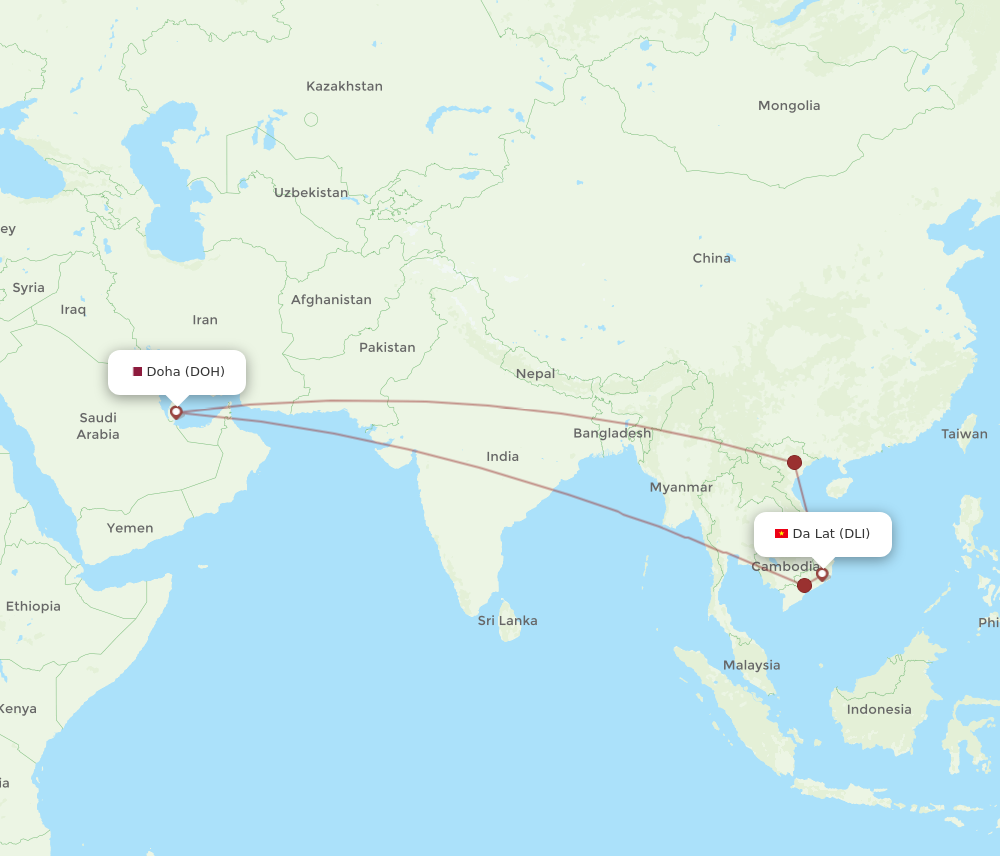 All flight routes from Doha to Dalat, DOH to DLI - Flight Routes