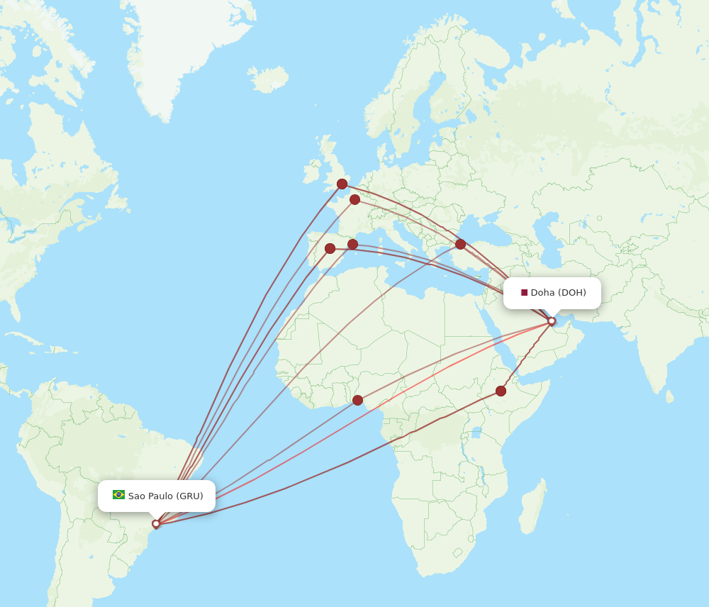 All flight routes from Doha to Sao Paulo, DOH to GRU - Flight Routes