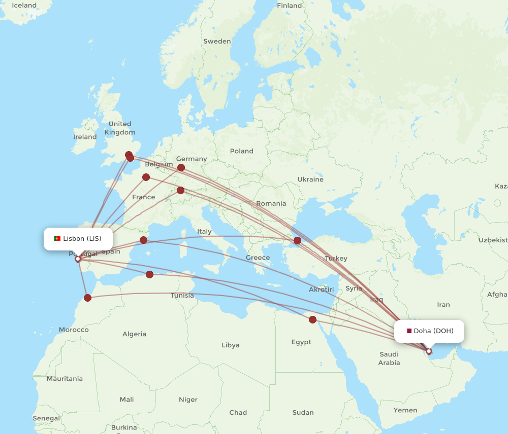 All flight routes from Doha to Lisbon, DOH to LIS - Flight Routes