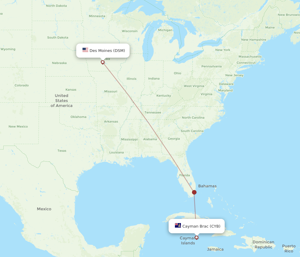 Flights from Des Moines to Cayman Brac Island, DSM to CYB - Flight Routes