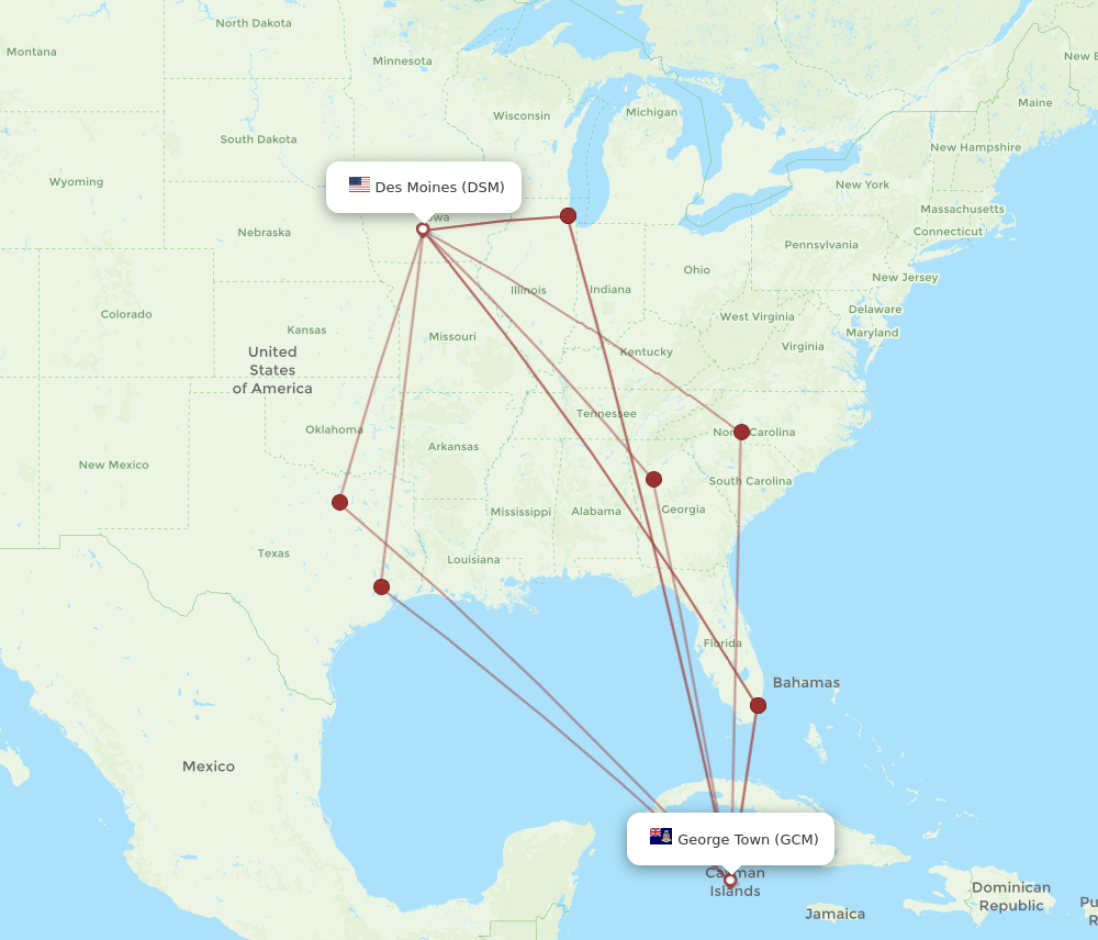 Flights from Des Moines to Grand Cayman Island, DSM to GCM - Flight Routes