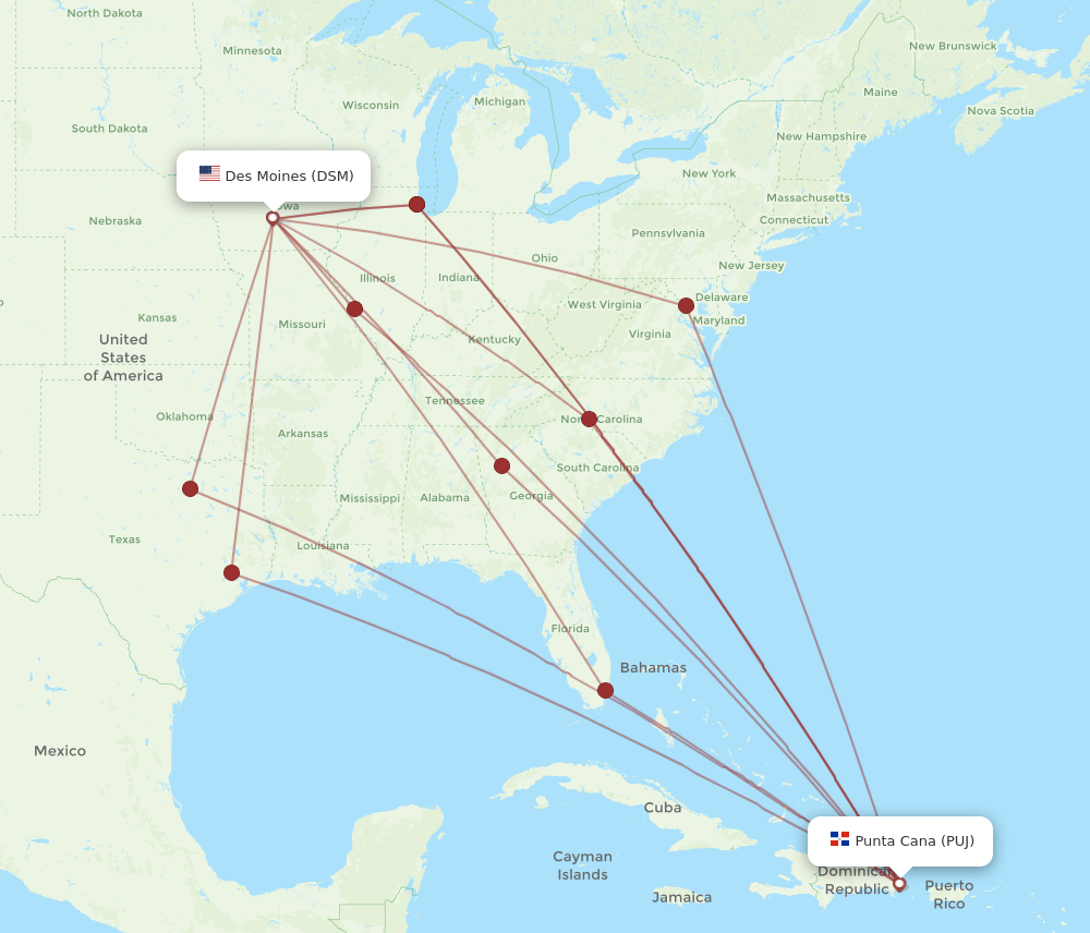 All flight routes from Des Moines to Punta Cana, DSM to PUJ - Flight Routes