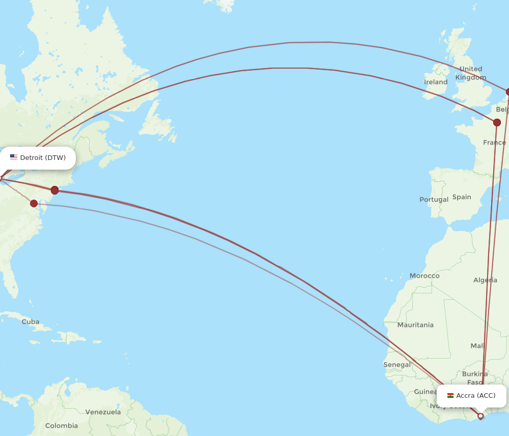 All flight routes from Detroit to Accra, DTW to ACC - Flight Routes