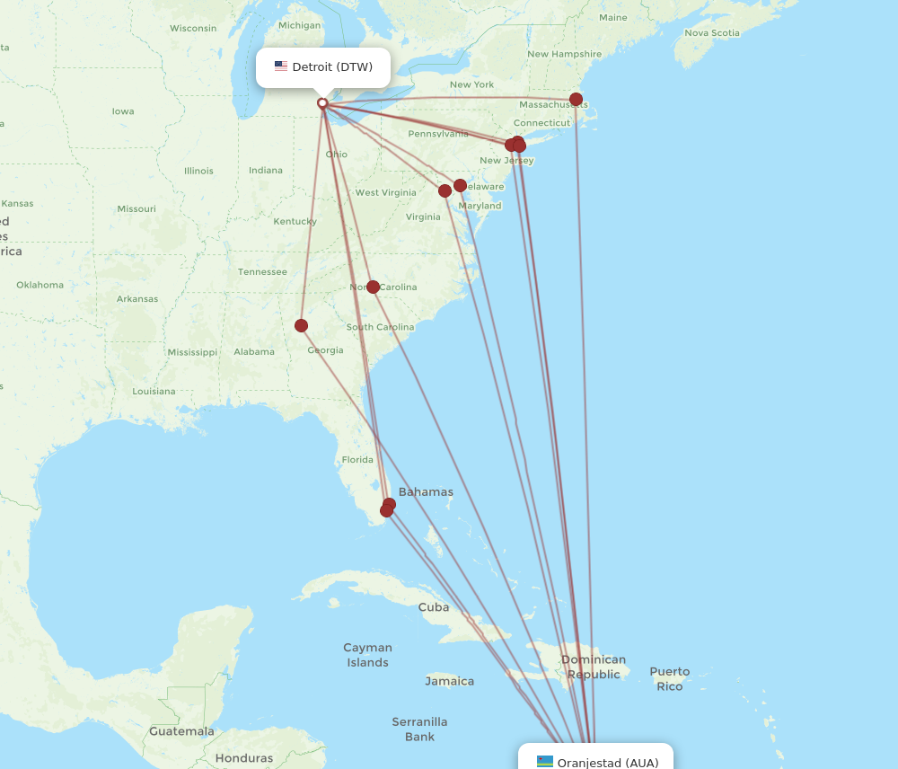 DTW to AUA flights and routes map