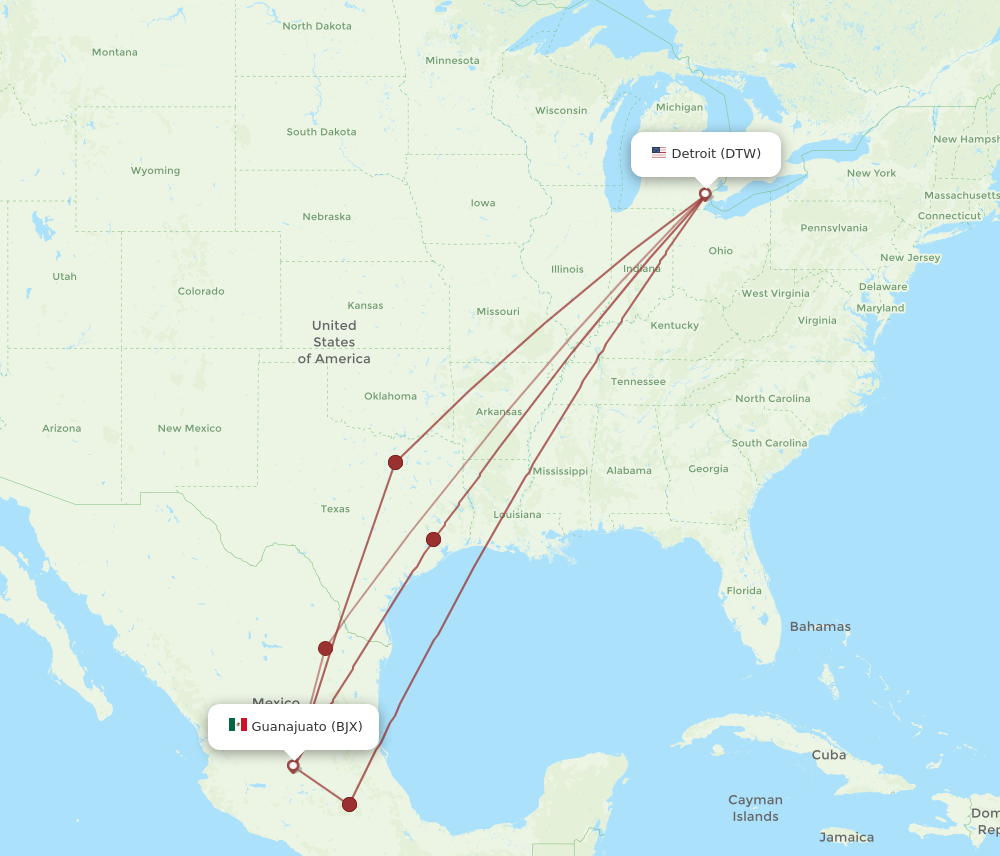 DTW to BJX flights and routes map