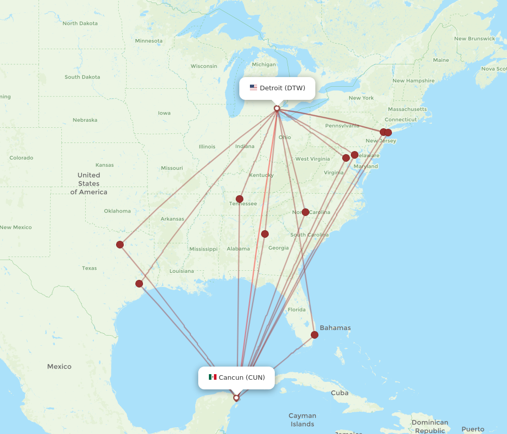 DTW to CUN flights and routes map