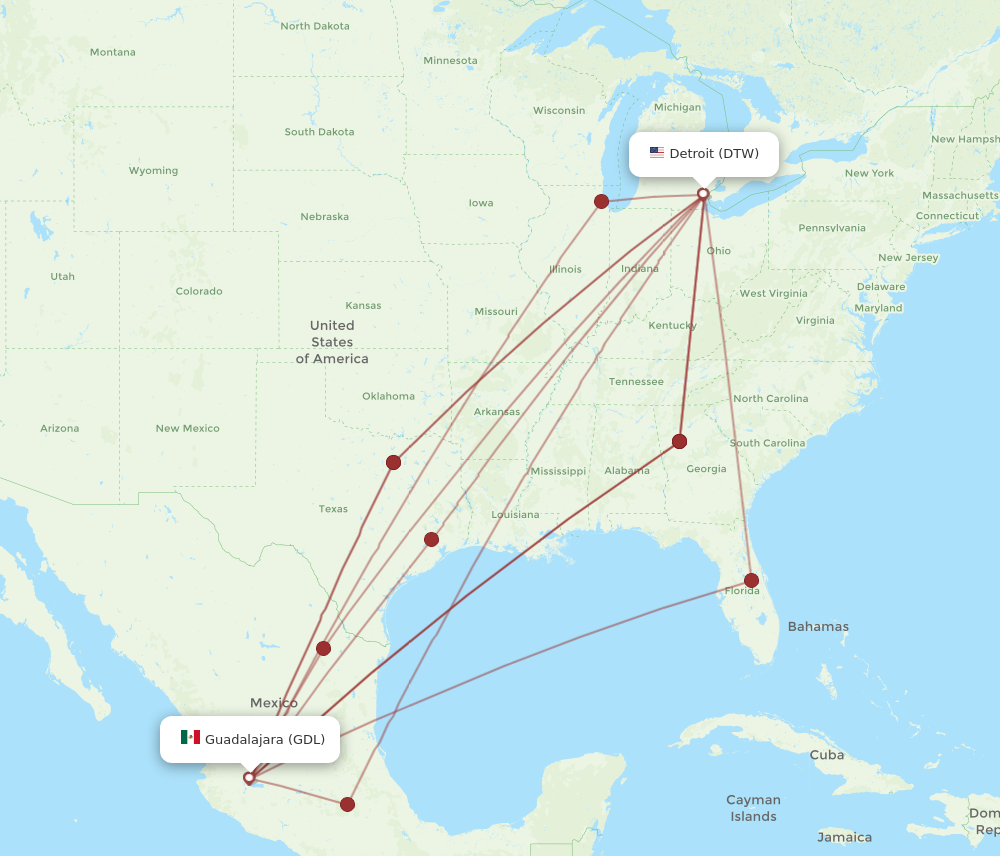 DTW to GDL flights and routes map