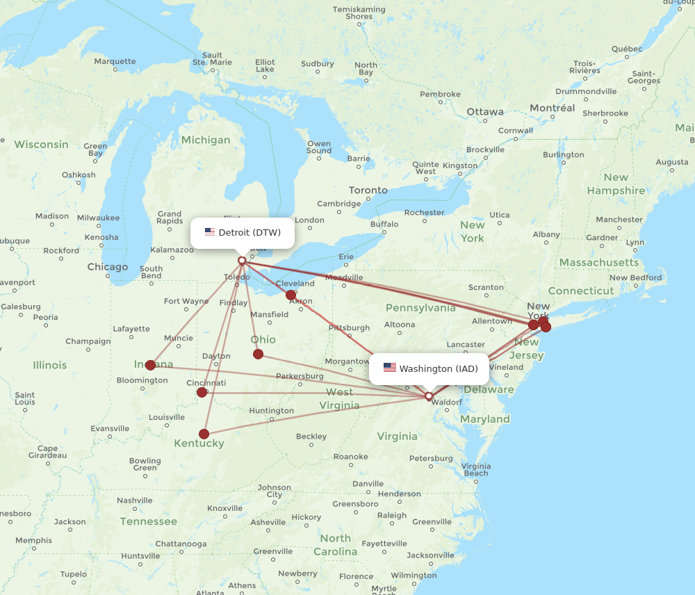 Flights from Detroit to Dulles DTW to IAD Flight Routes