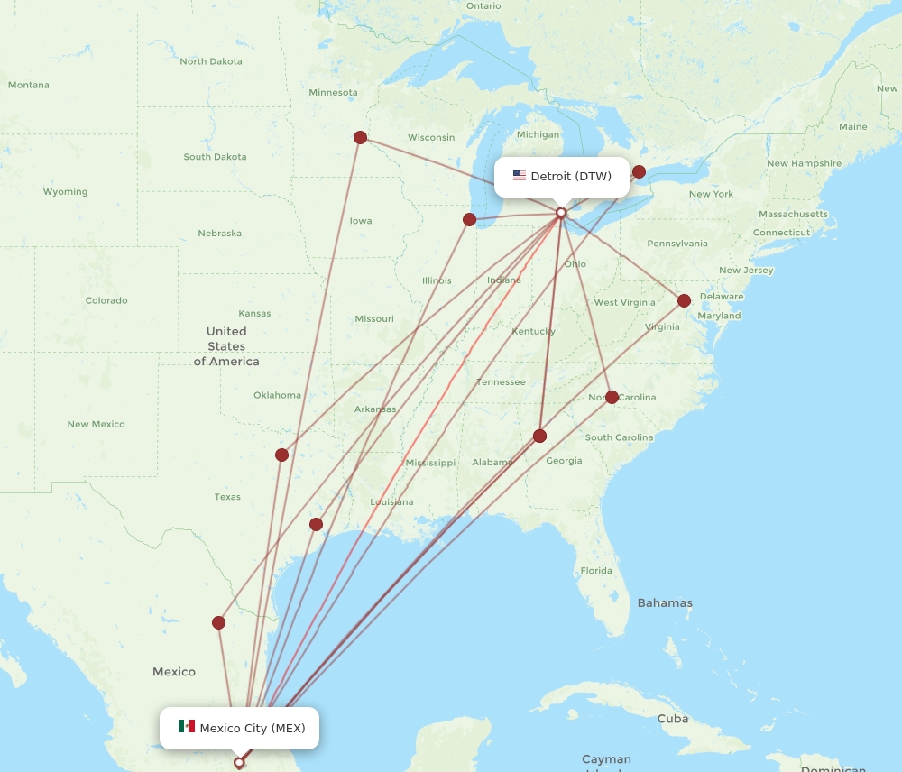 DTW to MEX flights and routes map