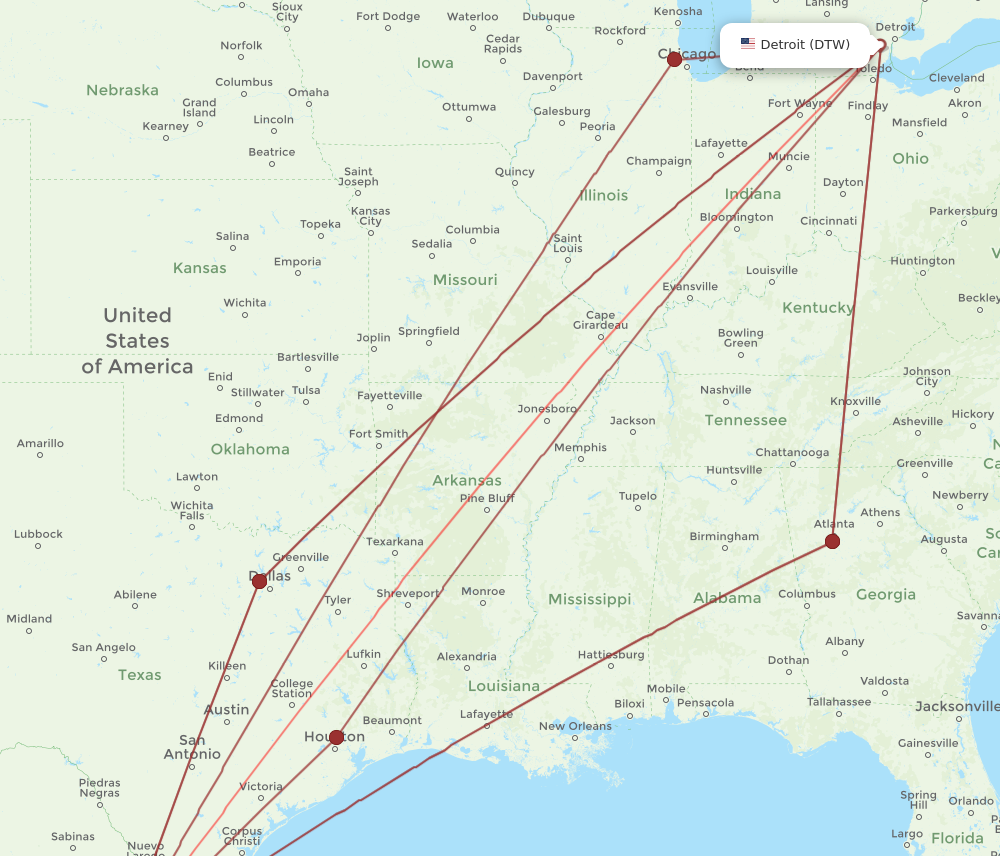 DTW to MTY flights and routes map