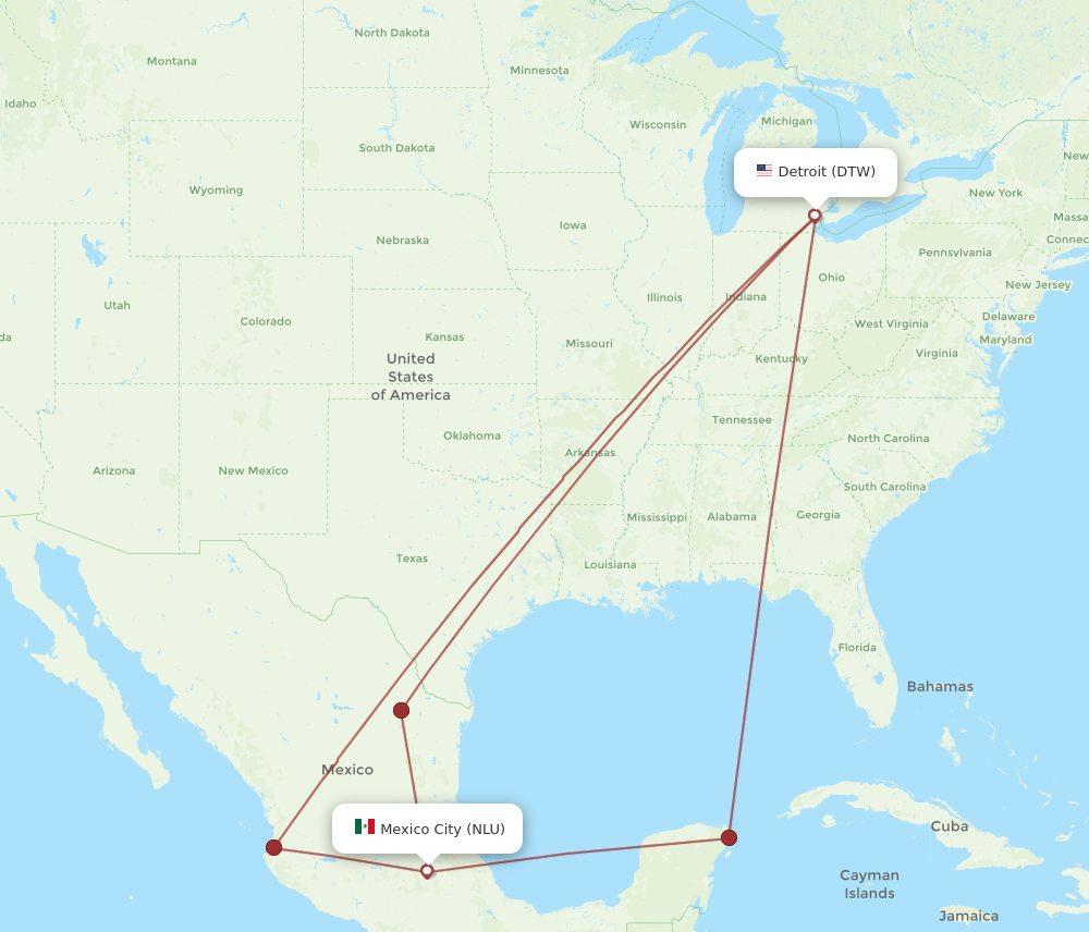 DTW to NLU flights and routes map