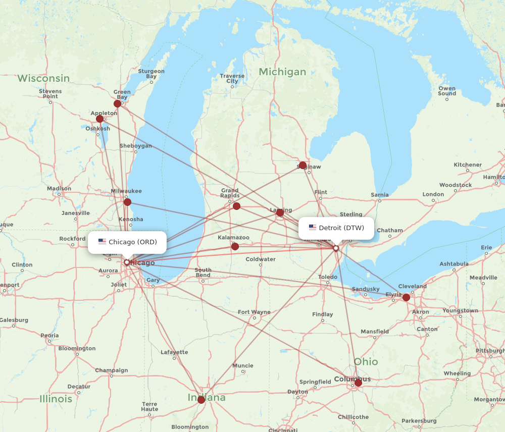 DTW to ORD flights and routes map