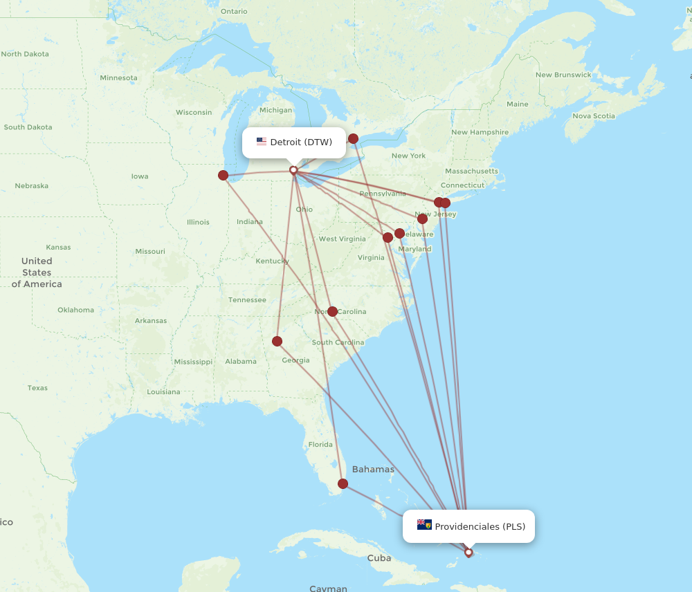 All flight routes from Detroit to Providenciales, DTW to PLS - Flight ...