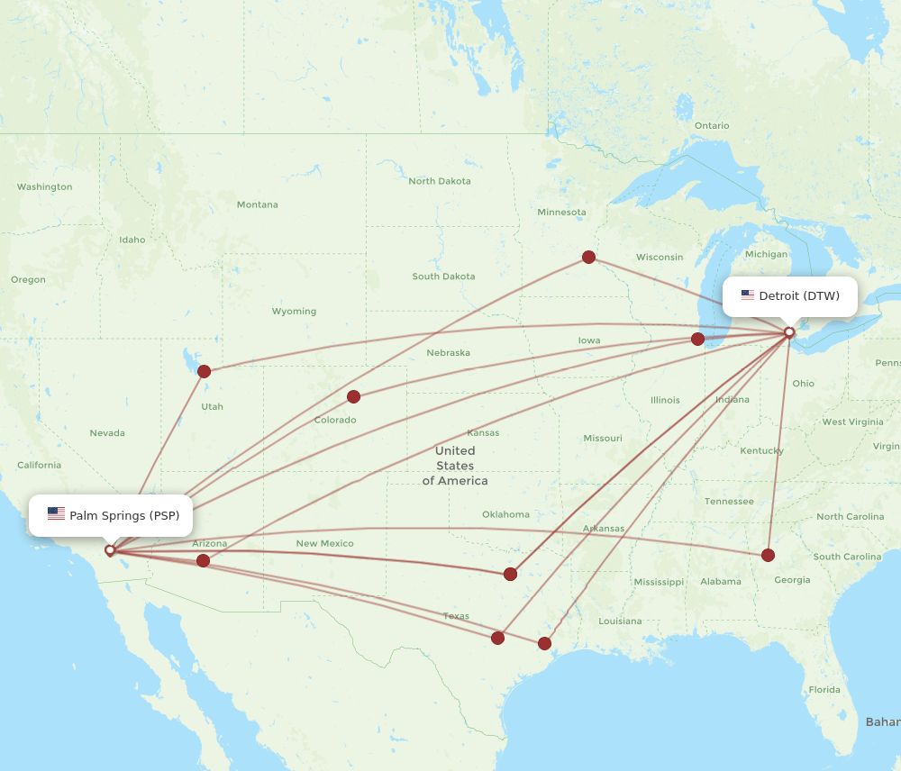 All flight routes from Detroit to Palm Springs, DTW to PSP Flight Routes