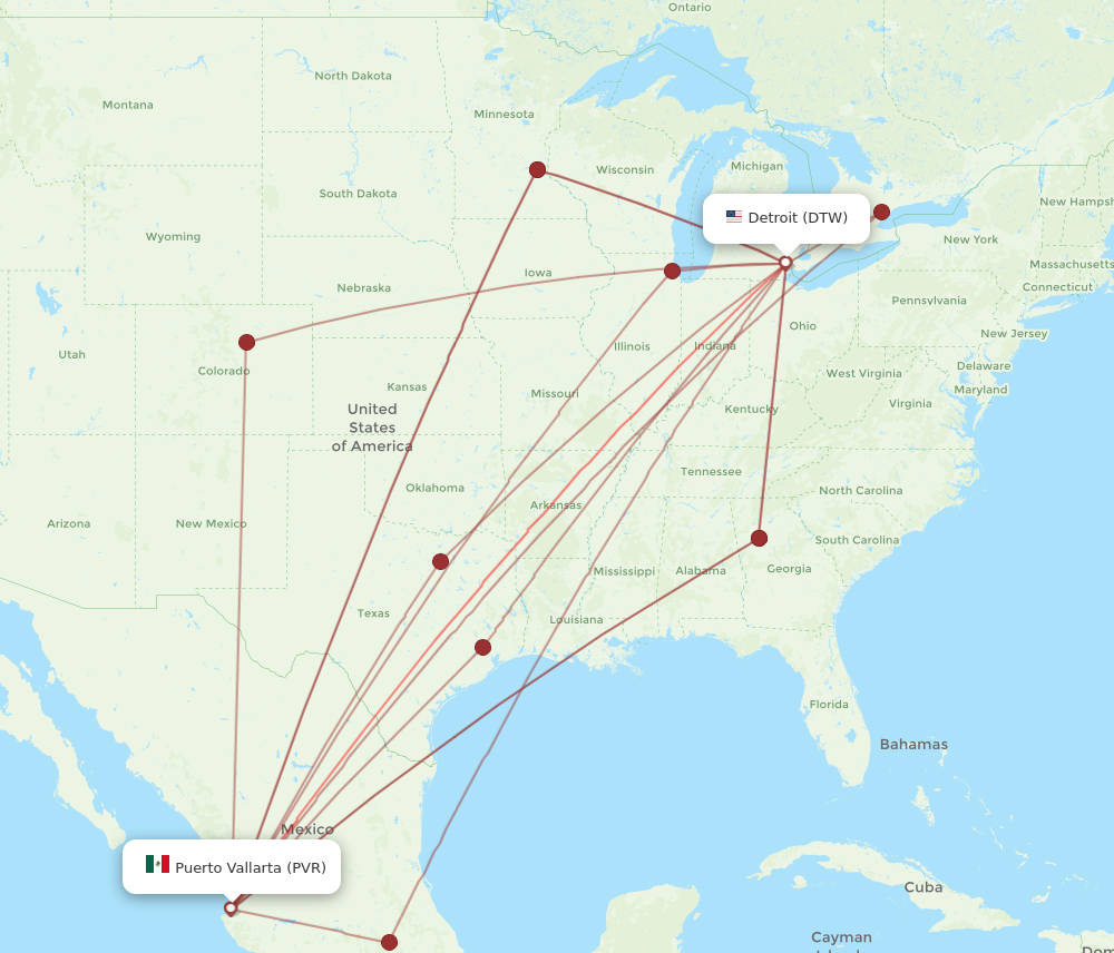 DTW to PVR flights and routes map