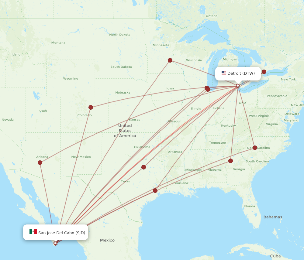 DTW to SJD flights and routes map