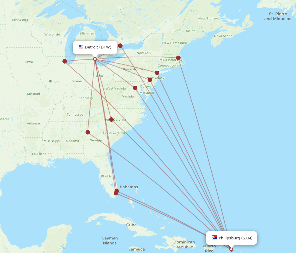 All flight routes from Detroit to Sint Maarten, DTW to SXM - Flight Routes