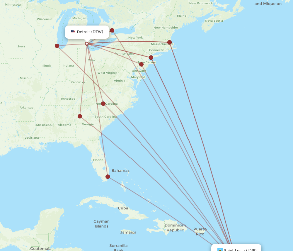 Flights from Detroit to Saint Lucia DTW to UVF Flight Routes