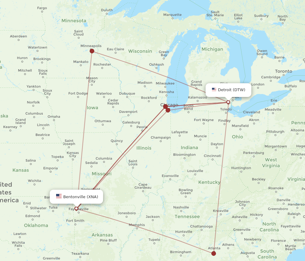 Flights from Detroit to Bentonville DTW to XNA Flight Routes