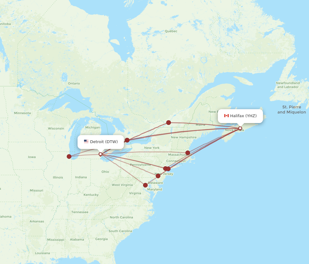 DTW to YHZ flights and routes map