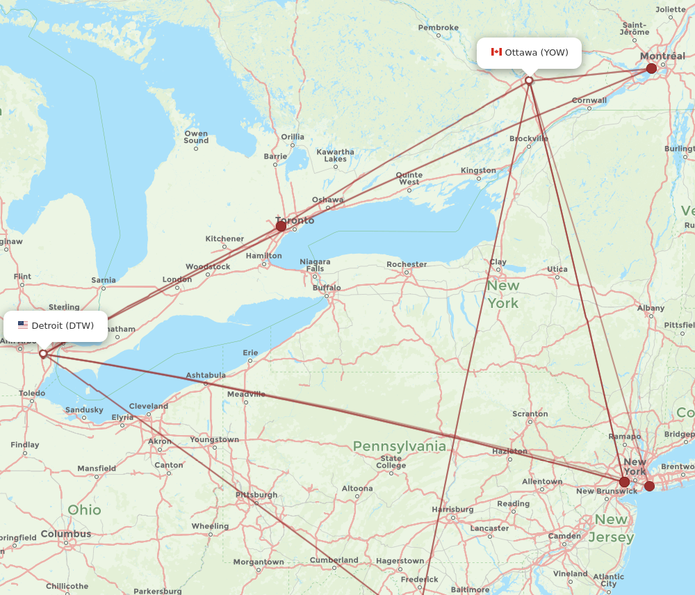 DTW to YOW flights and routes map