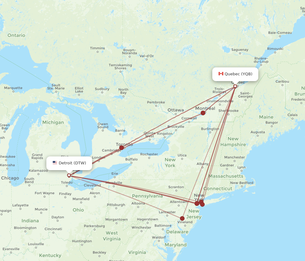 DTW to YQB flights and routes map