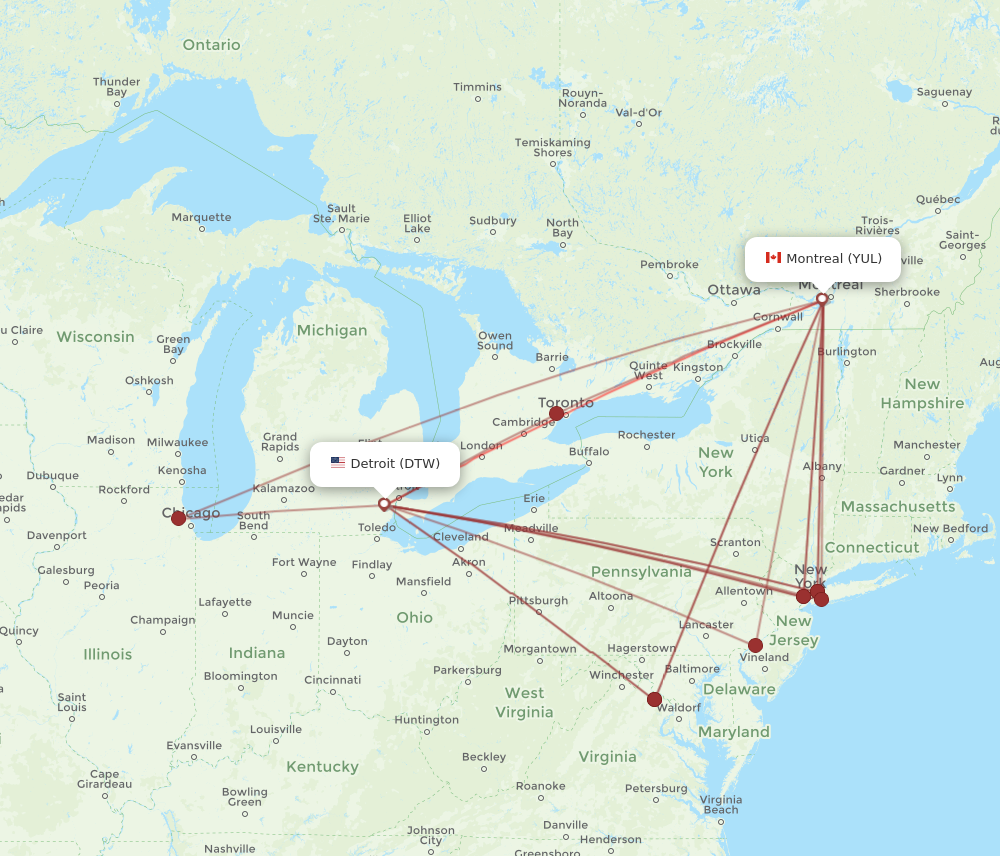 DTW to YUL flights and routes map