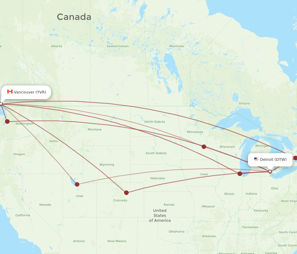 DTW to YVR flights and routes map