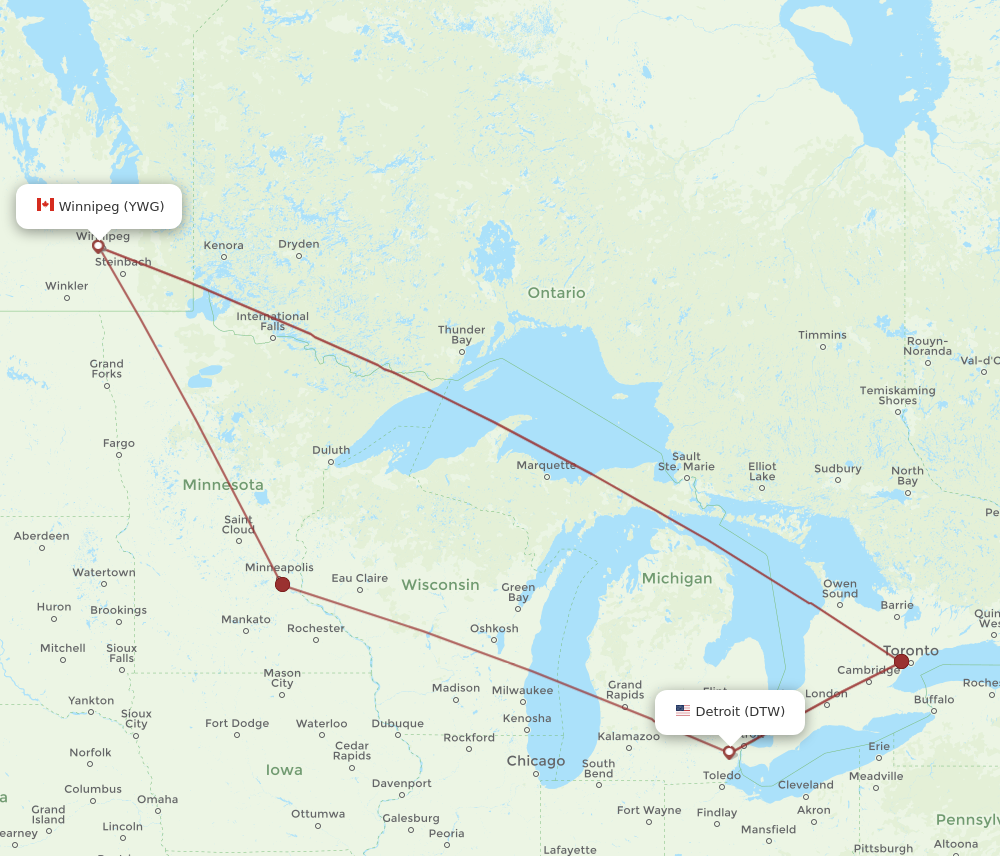 DTW to YWG flights and routes map