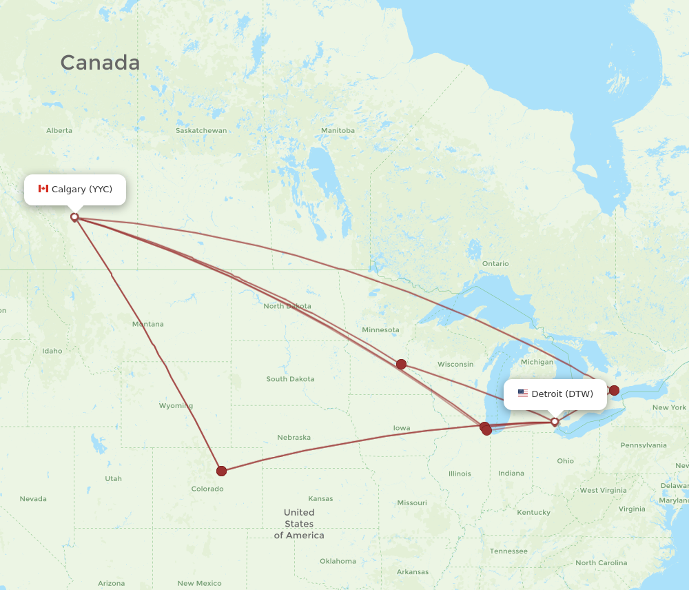 DTW to YYC flights and routes map