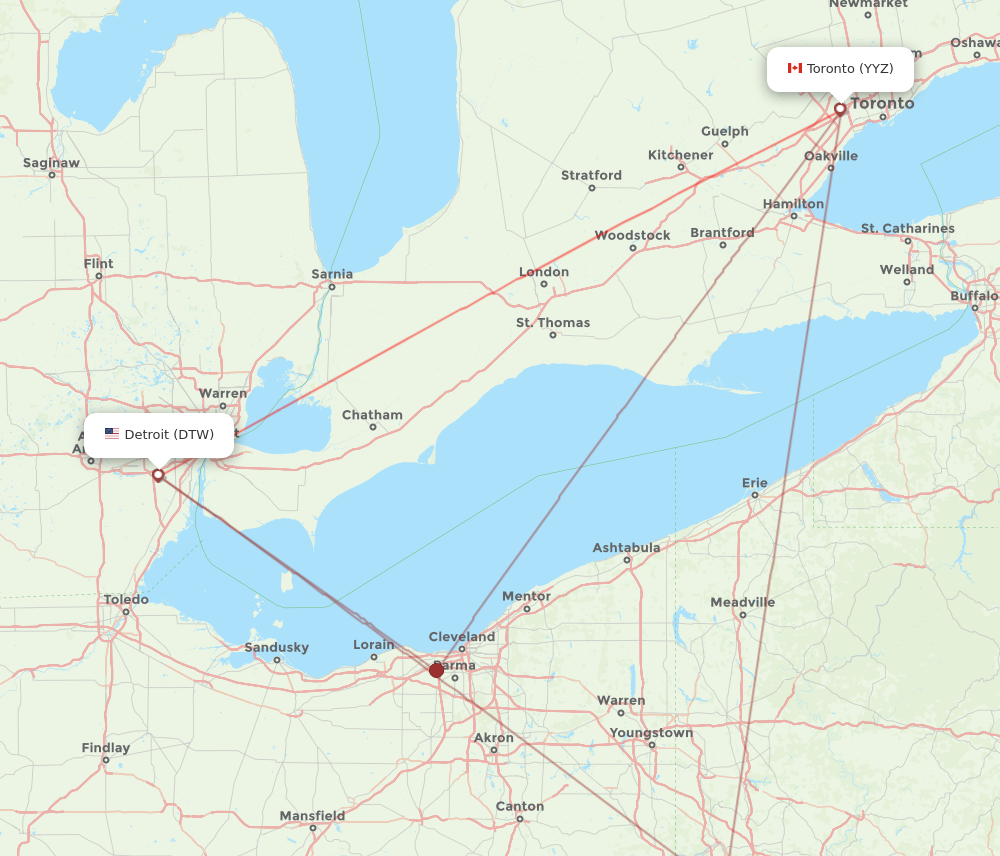 DTW to YYZ flights and routes map
