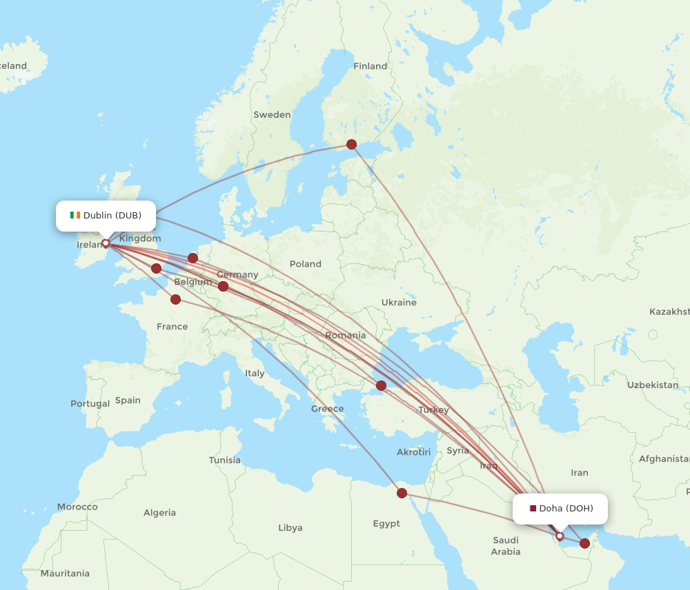 All Flight Routes From Dublin To Doha, DUB To DOH - Flight Routes