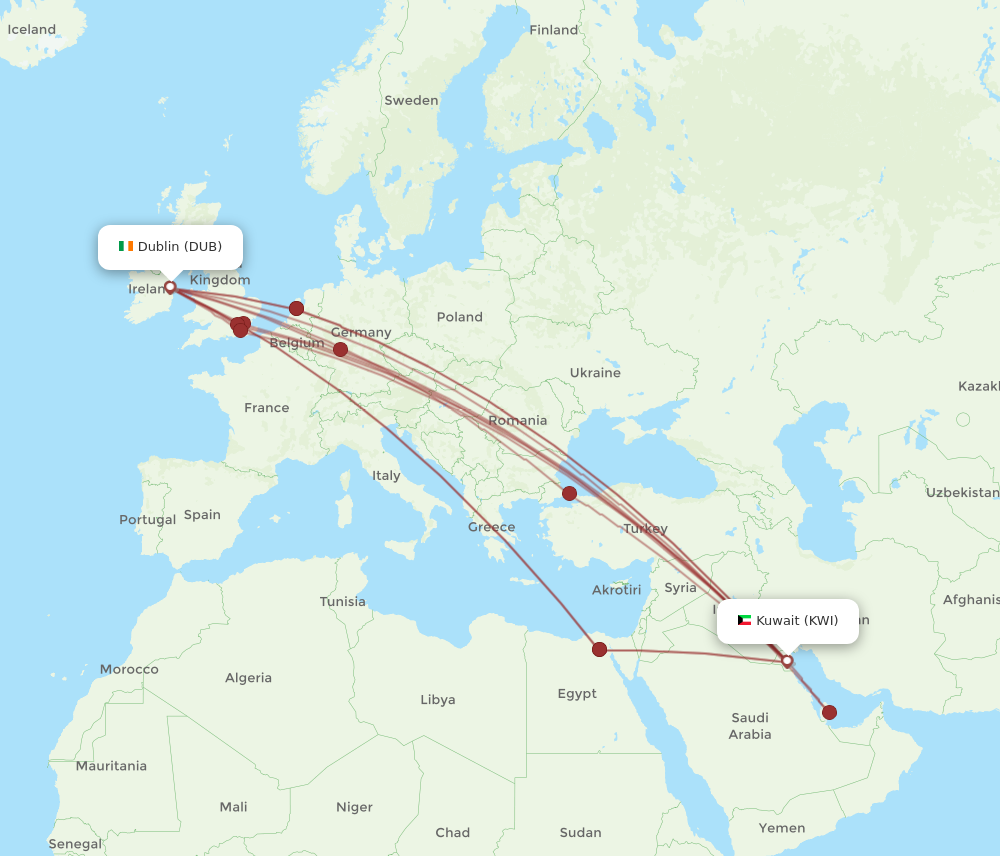 Flights from Dublin to Kuwait DUB to KWI Flight Routes