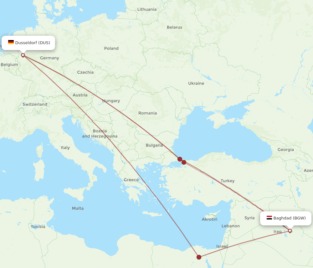 All Flight Routes From Dusseldorf To Baghdad, DUS To BGW - Flight Routes