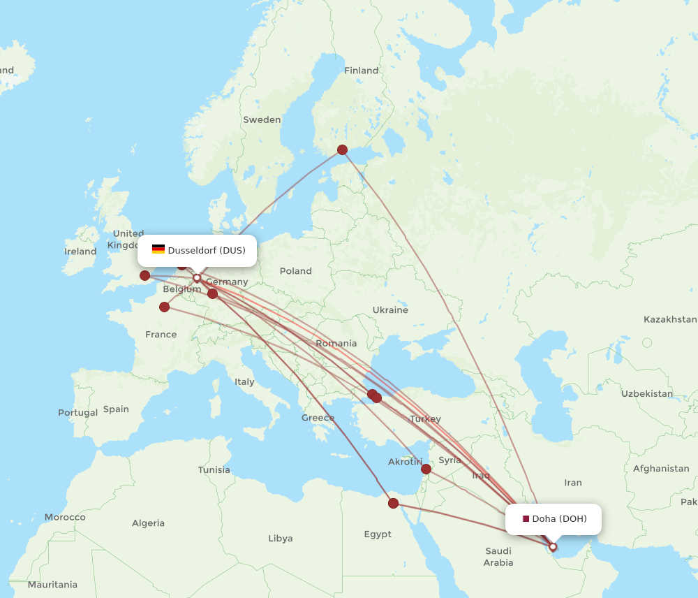 DUS to DOH flights and routes map