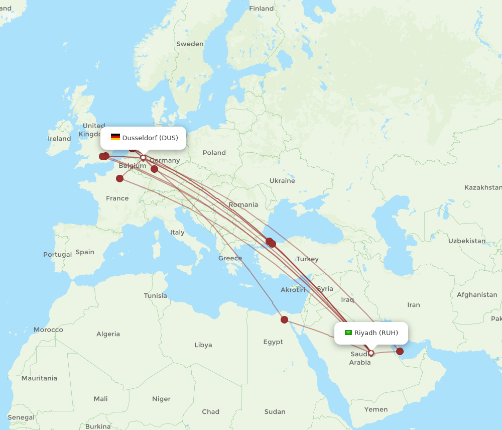 DUS to RUH flights and routes map