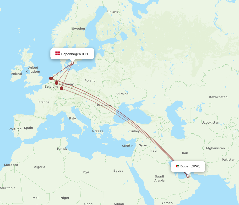 Flights from Dubai to Copenhagen DWC to CPH Flight Routes