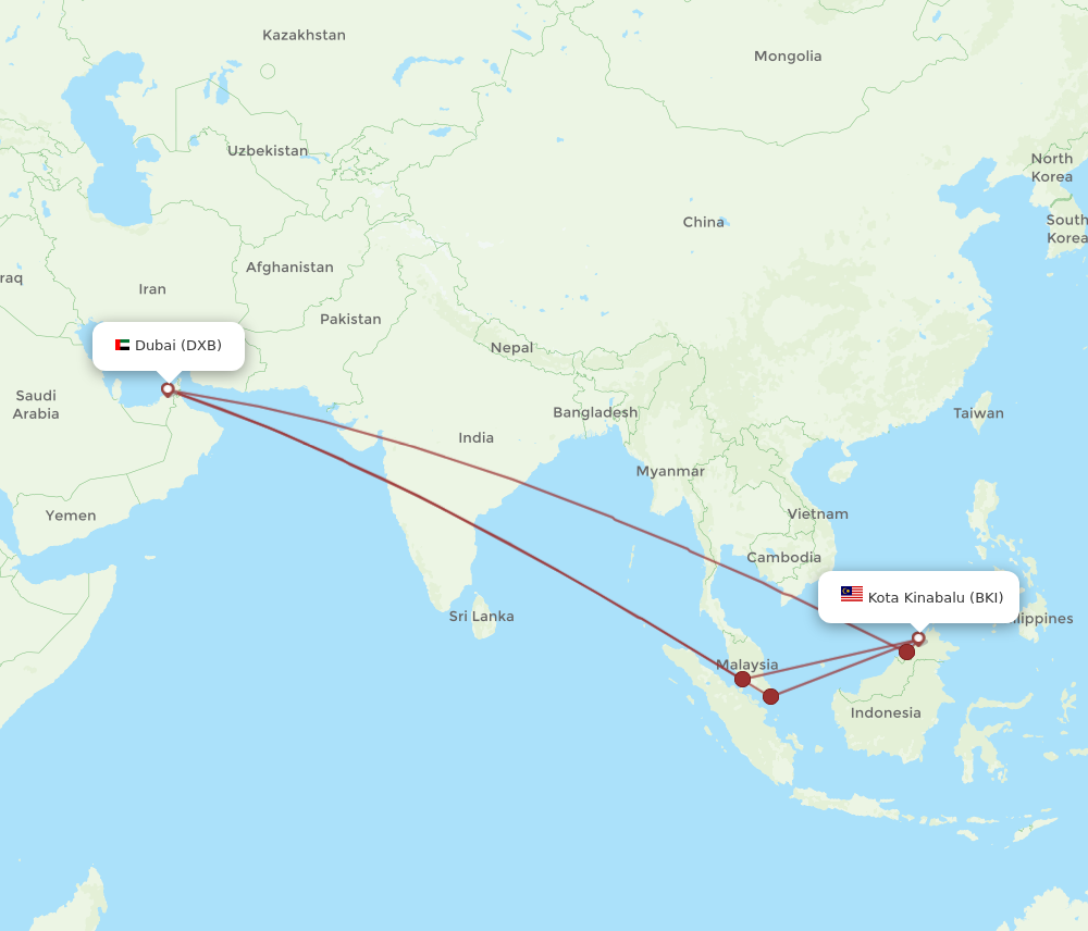 All flight routes from Dubai to Kota Kinabalu, DXB to BKI - Flight Routes